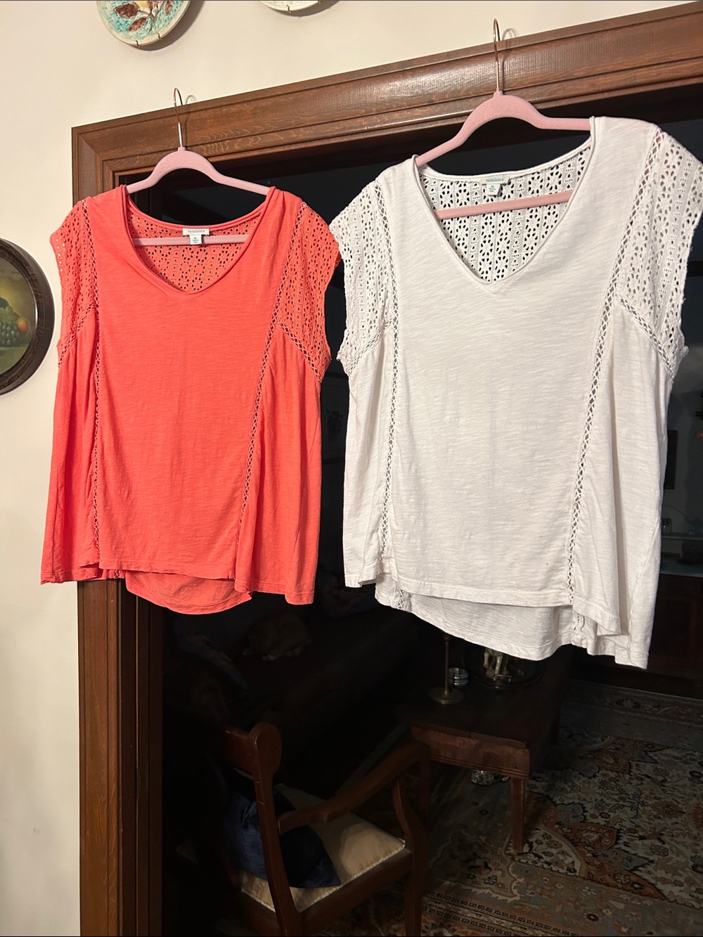 Sundance Coral and White Crochet-T 19 ea or two for 35.